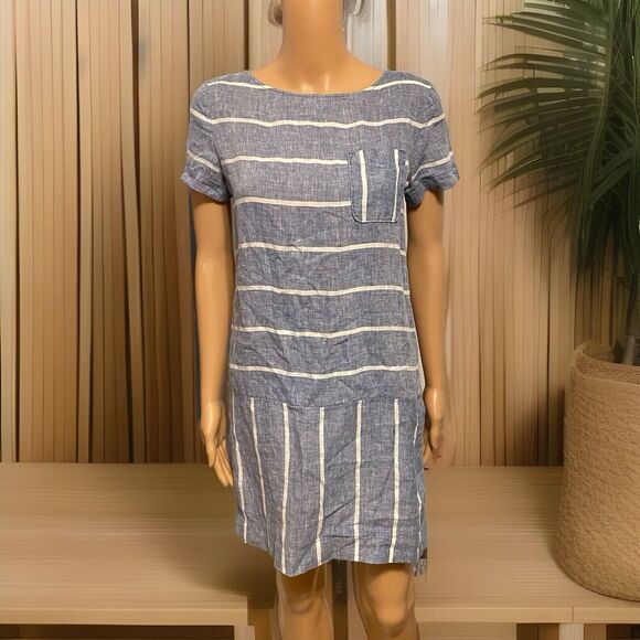 Blue & White Striped 100% Linen Light Casual Dress Mini-Dress Lou & Grey Size XS - Picture 1 of 9